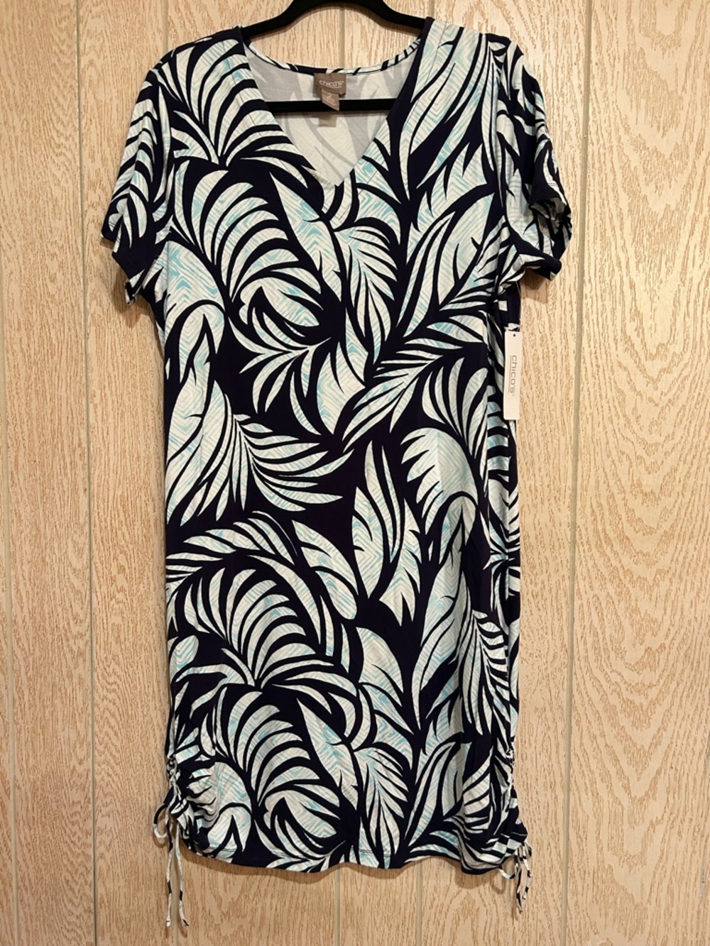 NWT Chico's Navy and Light Aqua Tropical Leaf size 2 dress